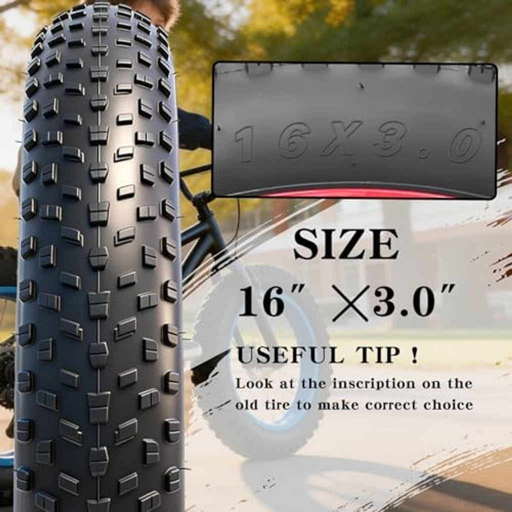 Fat bike tire with tall knobby tread and red rim