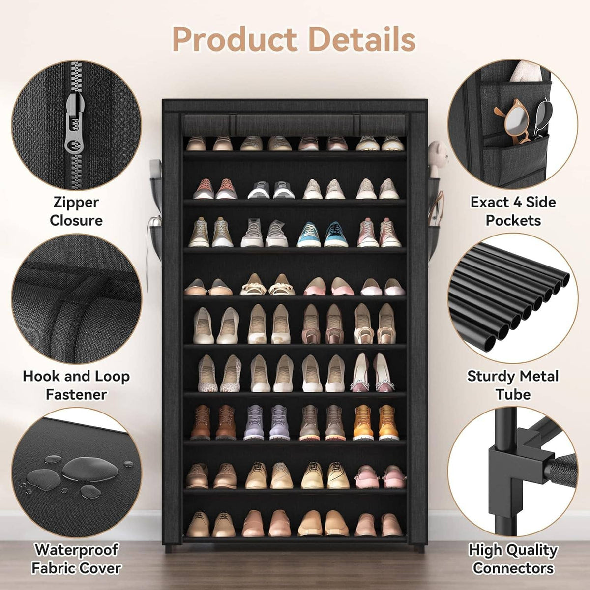 Shoe rack with zippered fabric cover and side pockets, sturdy metal tube frame, black