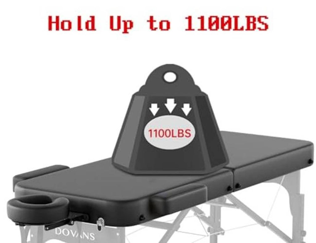 Black foldable massage table with padded top and sturdy support frame for heavy use
