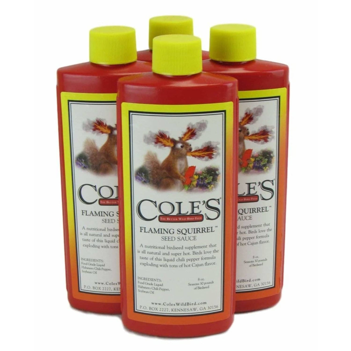 Pack of four red bird food additive bottles with green caps, Cole's Flaming Squirrel labels.