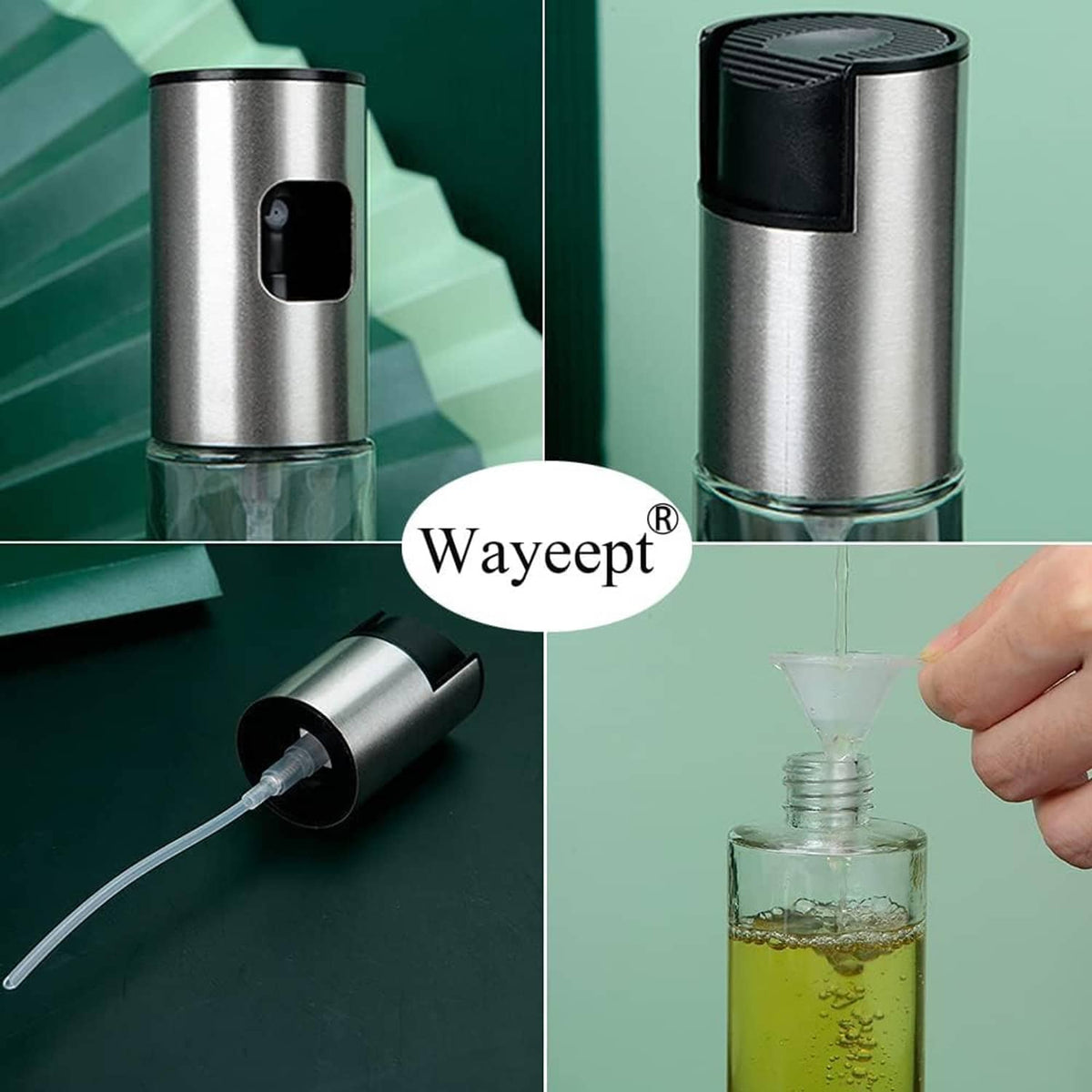 Stainless steel oil sprayer mister with clear reservoir and black pump head