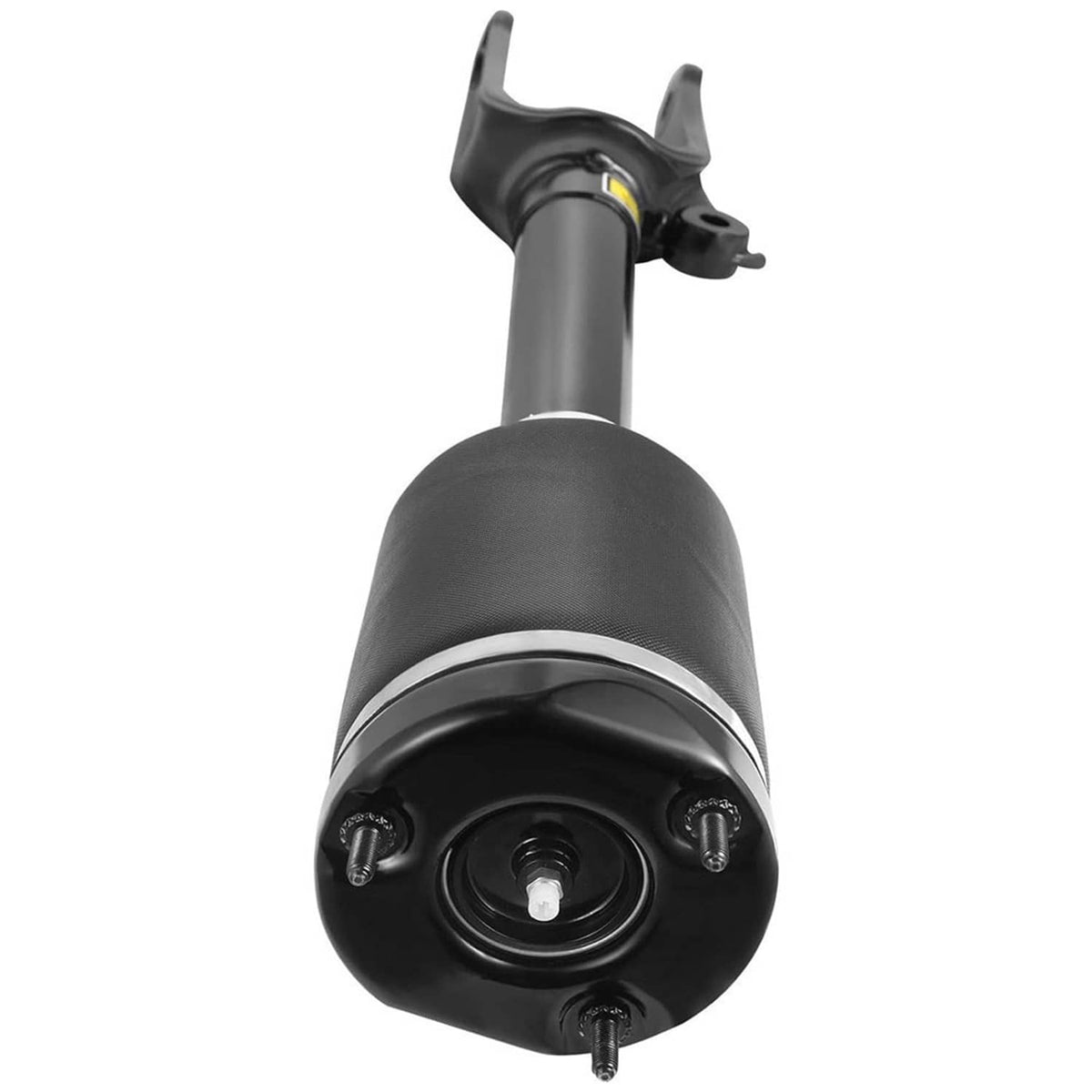 Front view of air suspension shock strut with black spring and upper fork mount