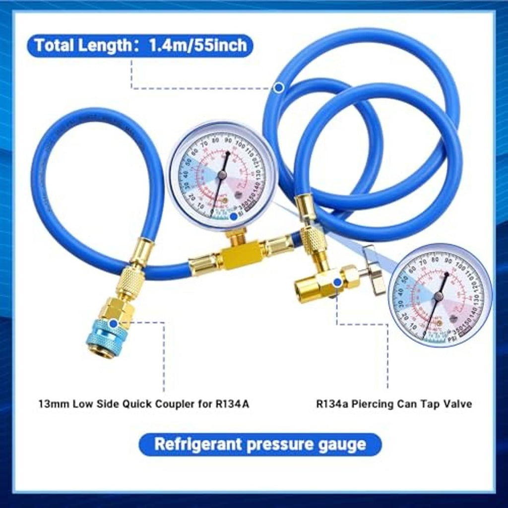 Refrigerant pressure gauge kit with blue hoses, quick coupler, and piercing tap valve.