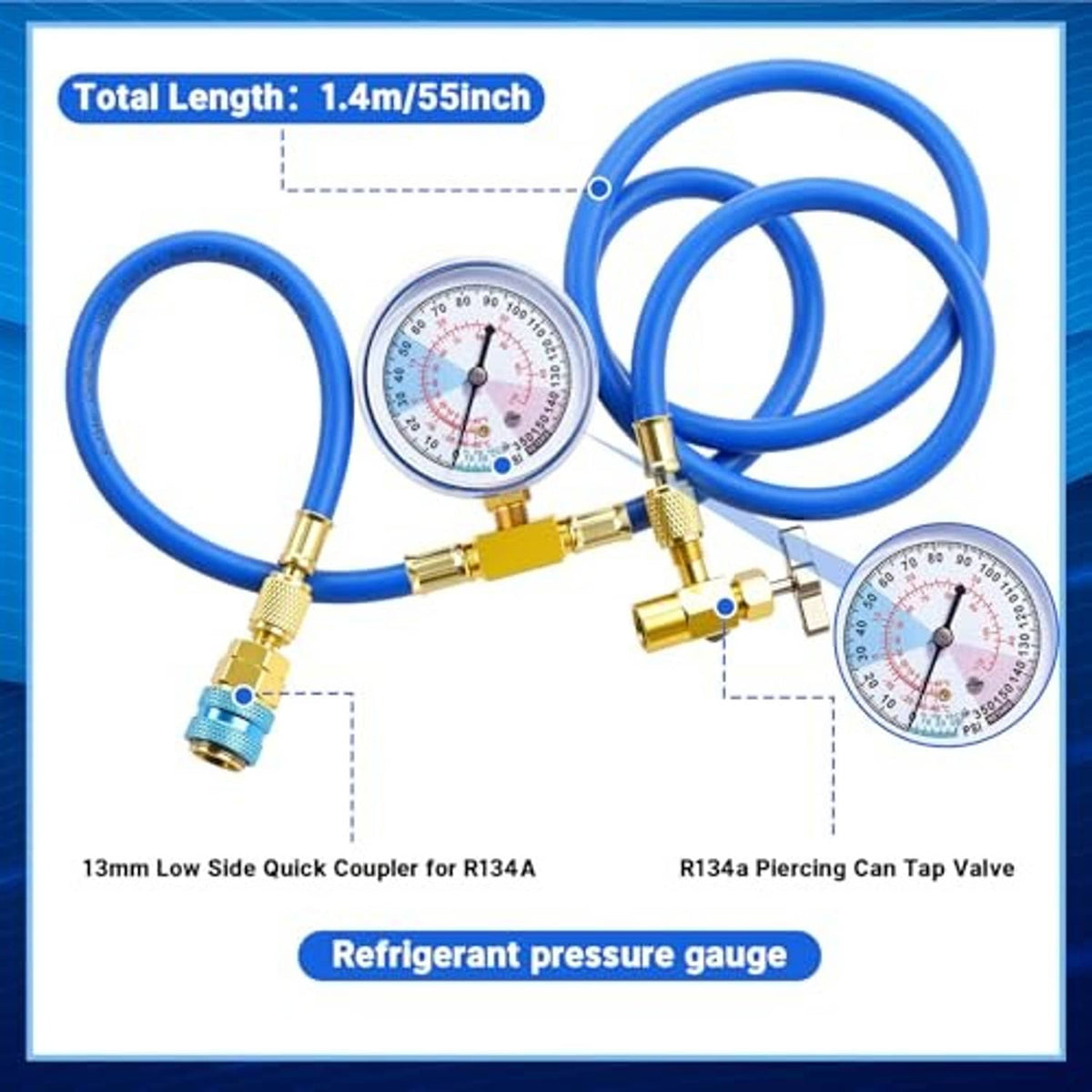 Refrigerant pressure gauge kit with blue hoses, quick coupler, and piercing tap valve.