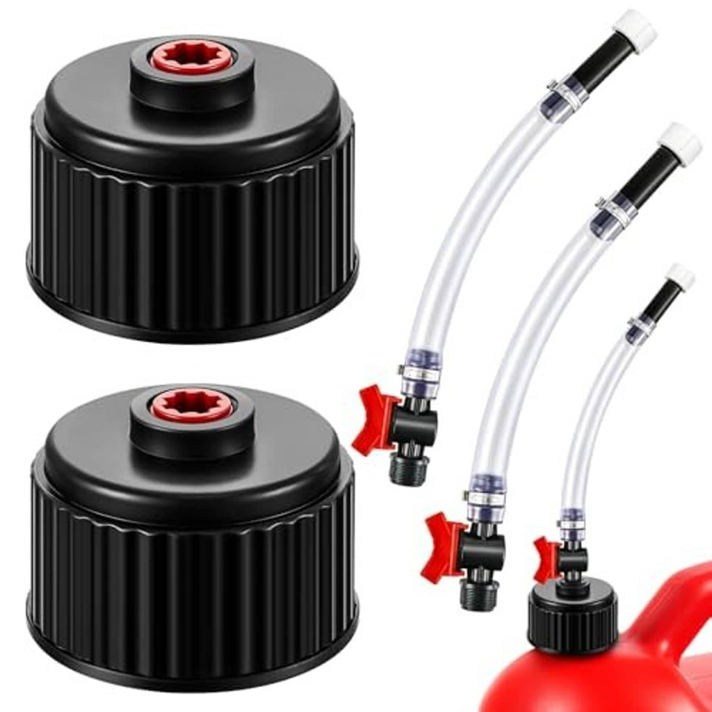 Two black fuel jug caps with red inserts and three clear filler hoses with fittings