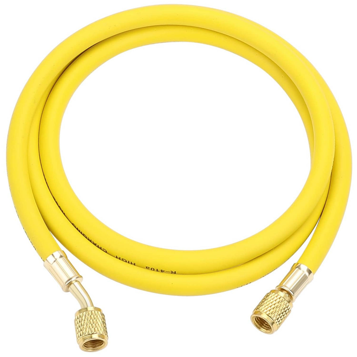Yellow HVAC refrigerant charging hose with brass fittings, 60 in length