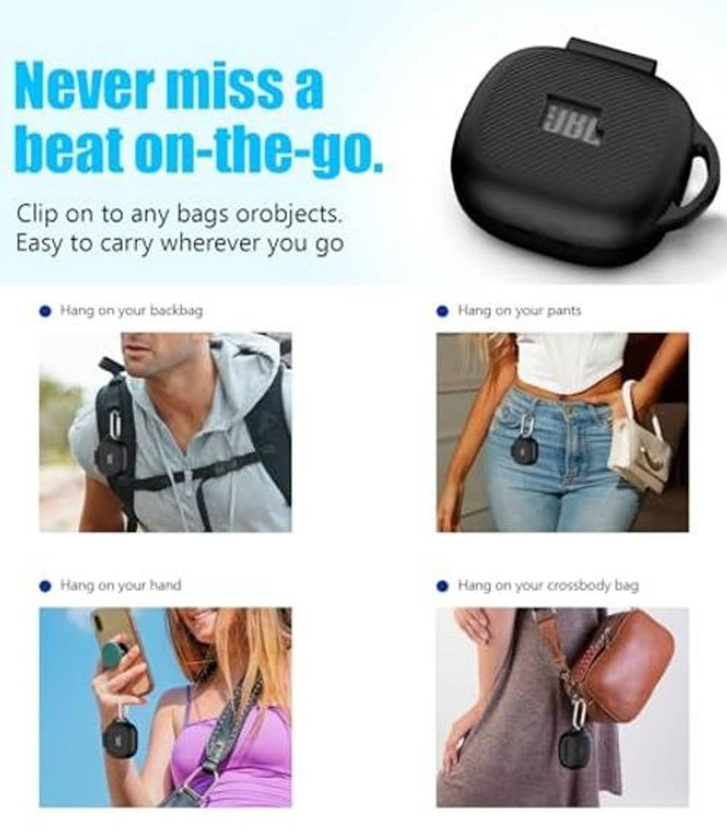 Black JBL Live Pro 2 case cover with carabiner clip for attaching to bags or belts.