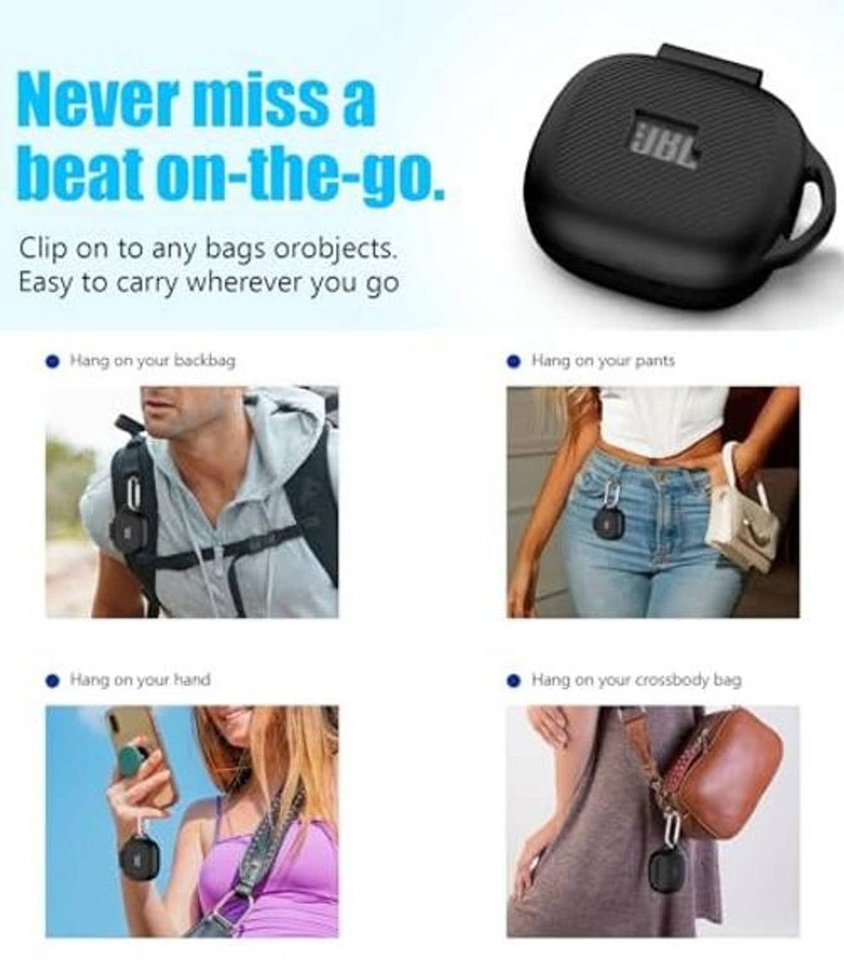 Black JBL Live Pro 2 case cover with carabiner clip for attaching to bags or belts.