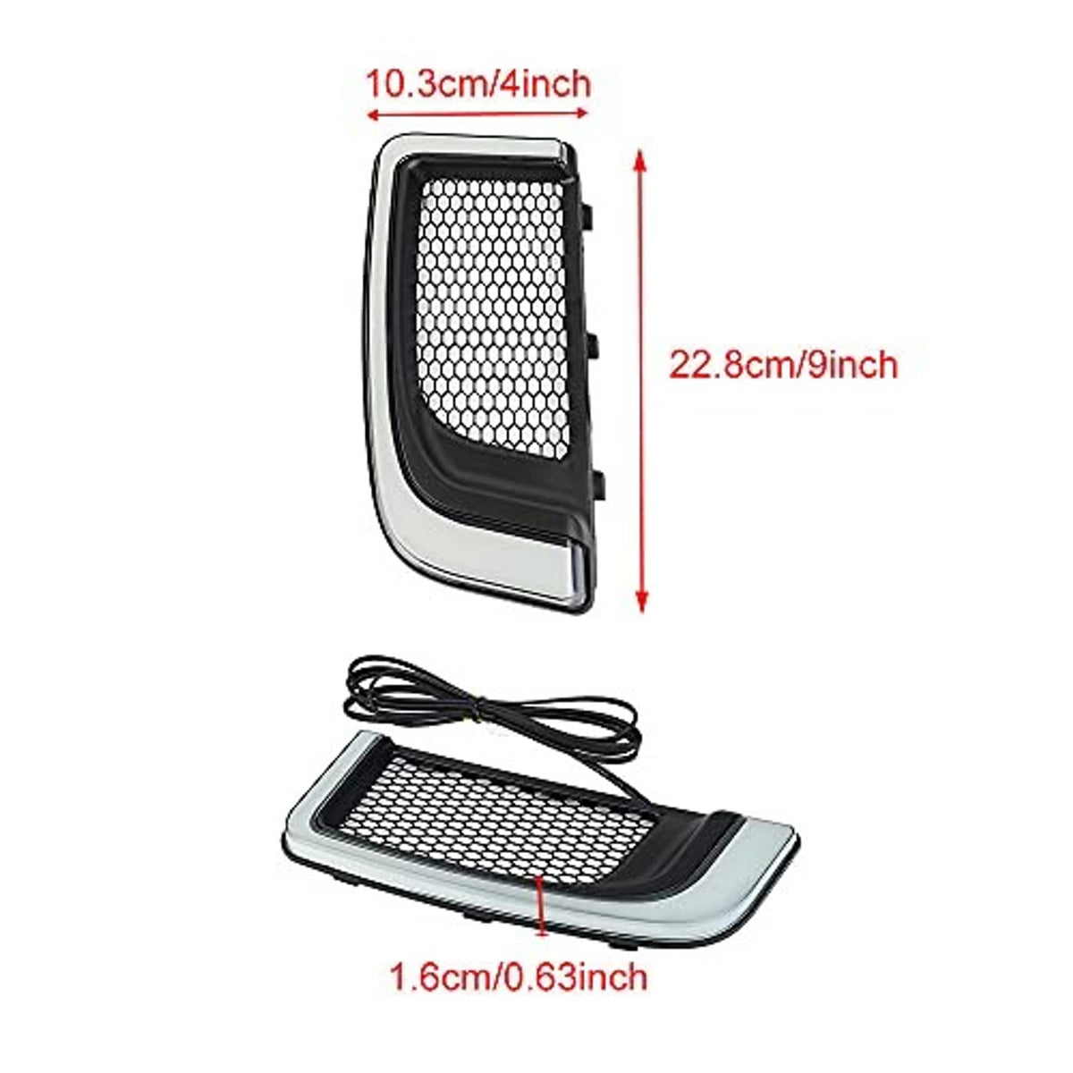 Motorcycle vent light pair with mesh grille, includes wiring; size diagram on product