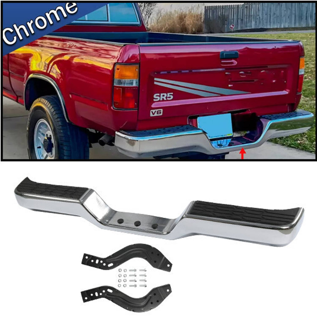Chrome rear step bumper face bar with textured black pads and mounting holes