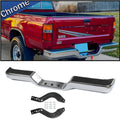 Chrome rear step bumper face bar with textured black pads and mounting holes