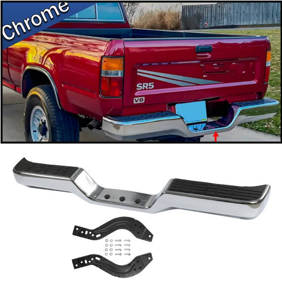Chrome rear step bumper face bar with textured black pads and mounting holes