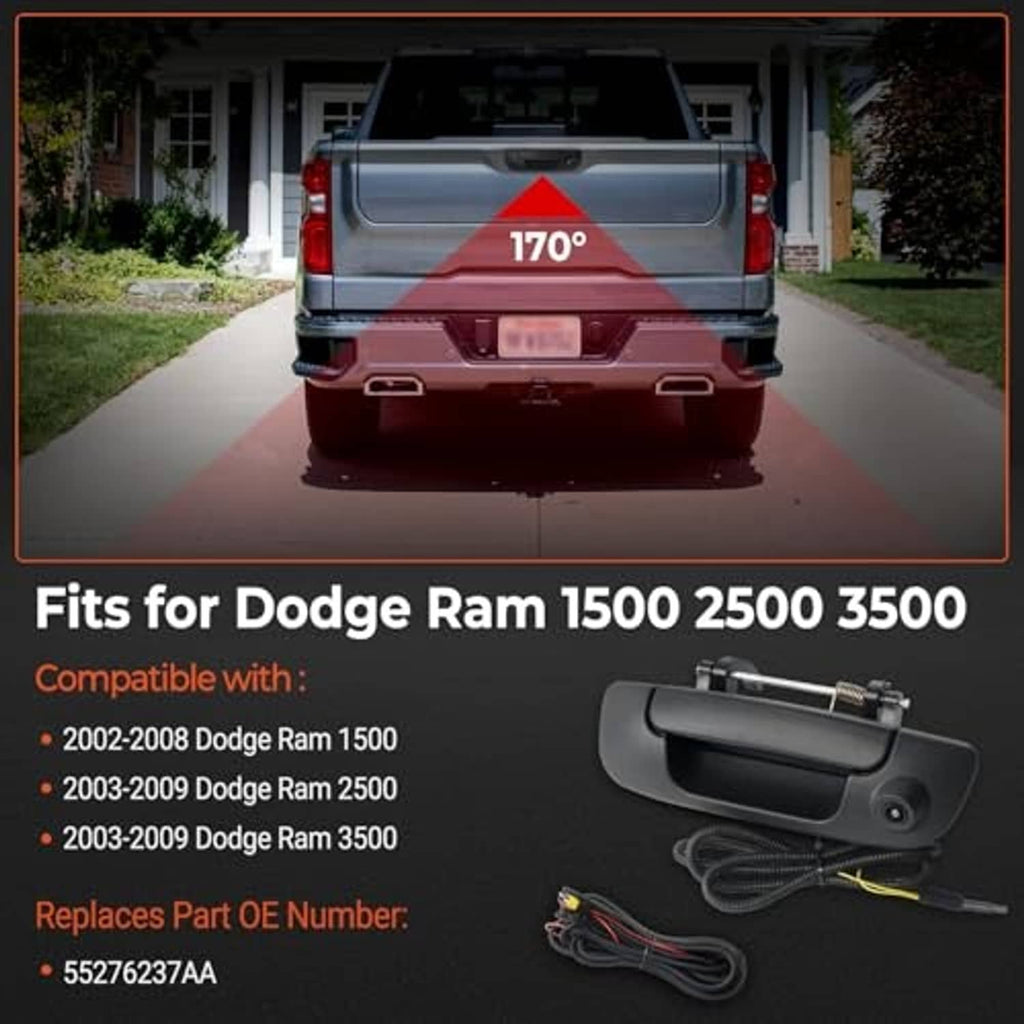 Rear tailgate handle backup camera installed on a pickup truck, rear view
