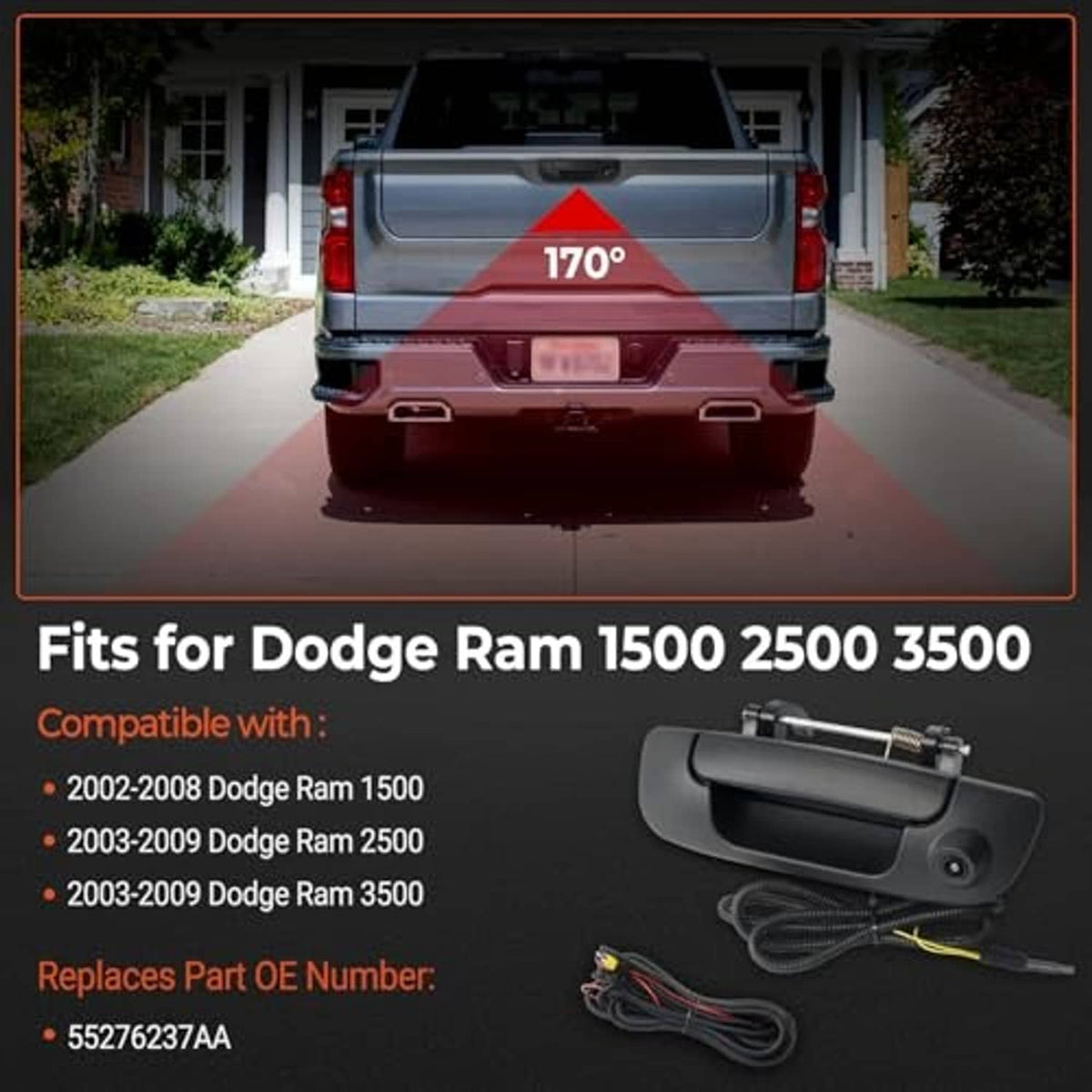 Rear tailgate handle backup camera installed on a pickup truck, rear view