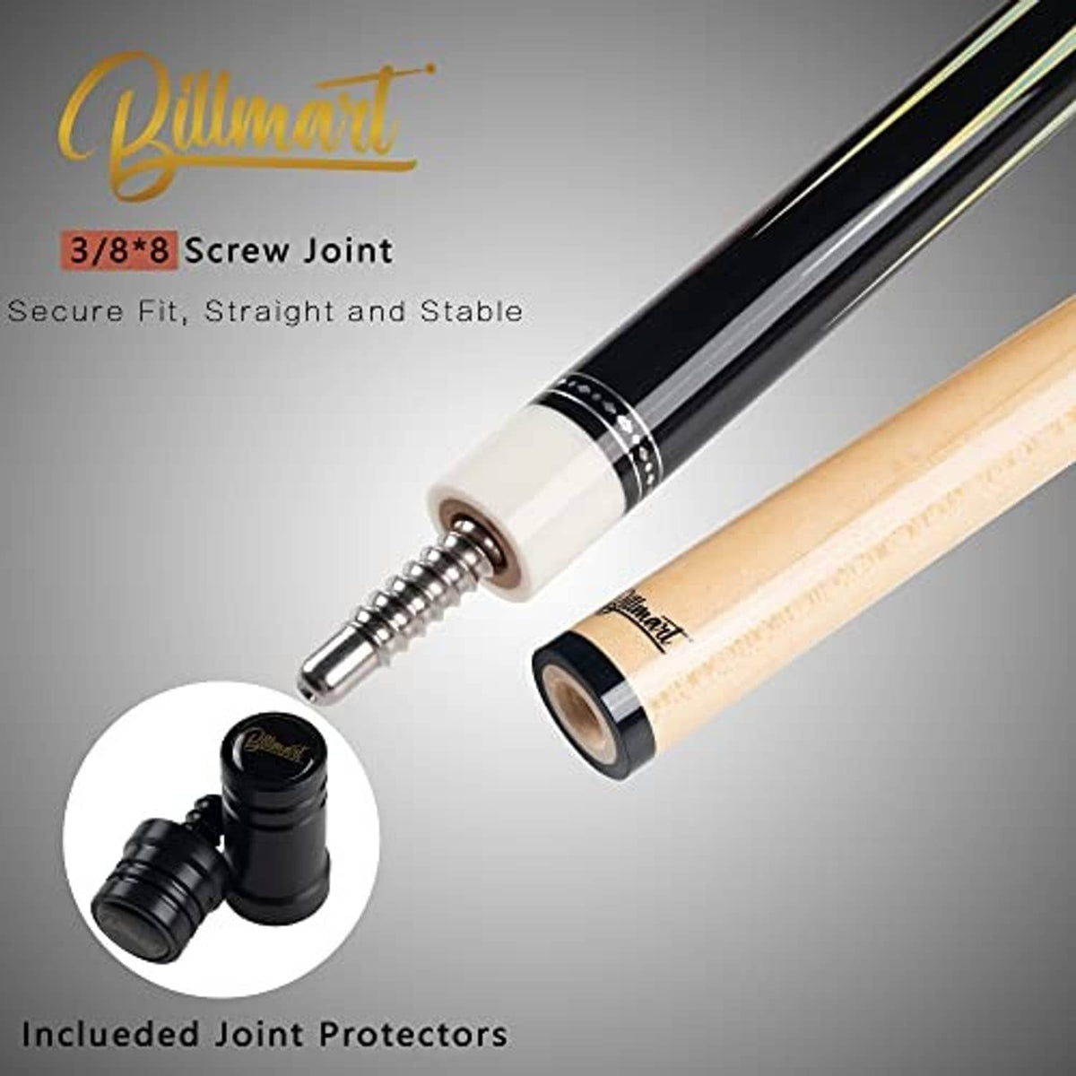 Pool cue joint area with screw-thread design and black forearm, light shaft