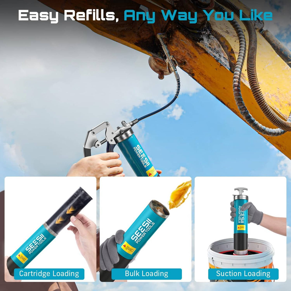 Blue grease gun showing cartridge loading, bulk loading, and suction loading parts