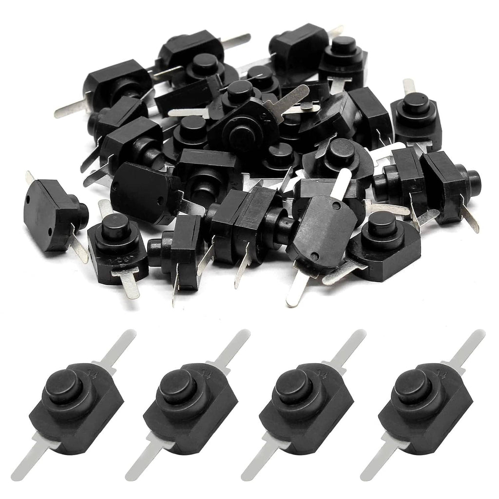 Black mini latching push button switches shown in a 50-piece bundle
