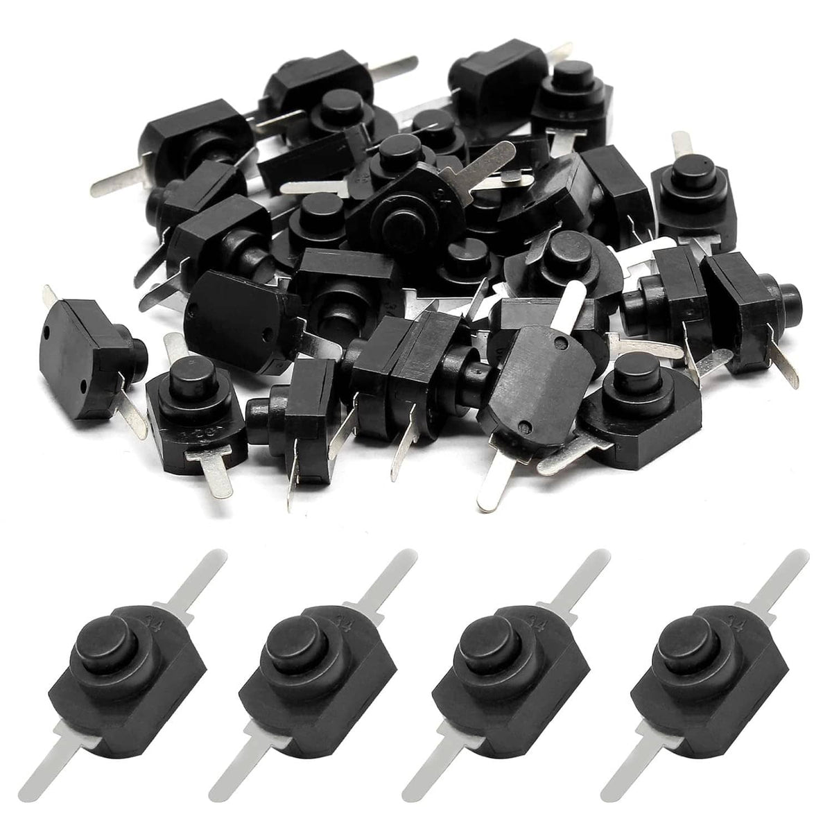 Black mini latching push button switches shown in a 50-piece bundle