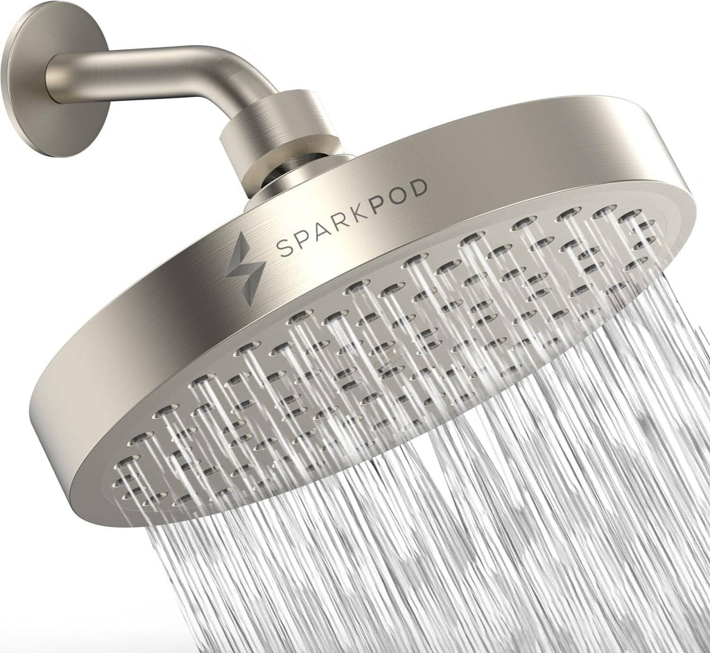 6-inch round rain shower head with brushed nickel finish and wide spray nozzles
