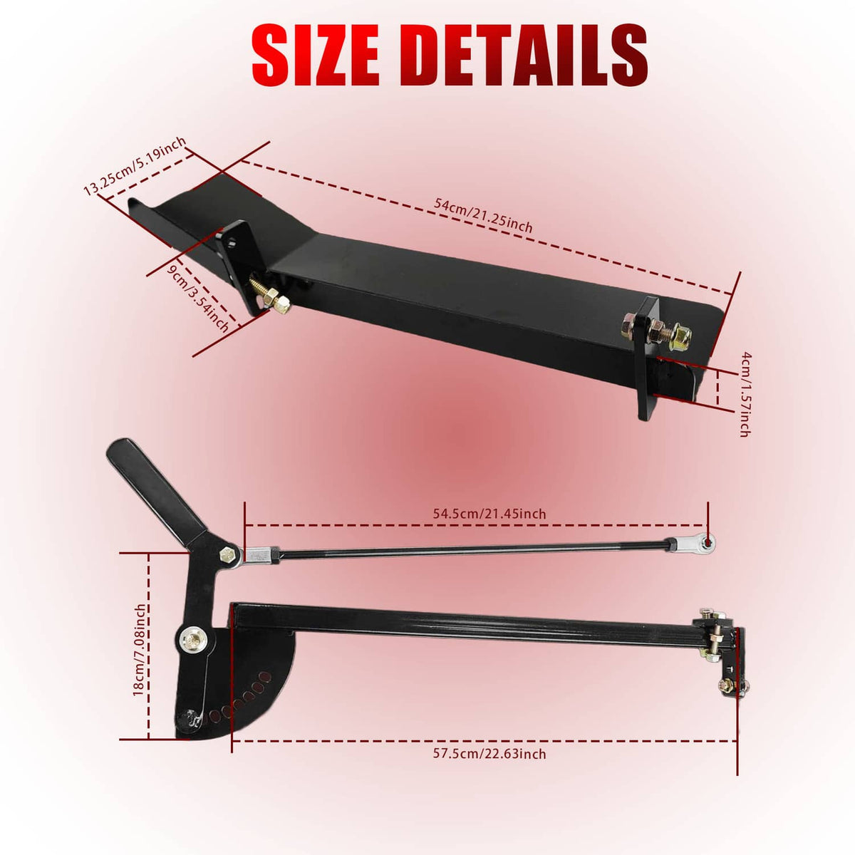 Black steel chute blocker with support arms and side bracket, diagram view