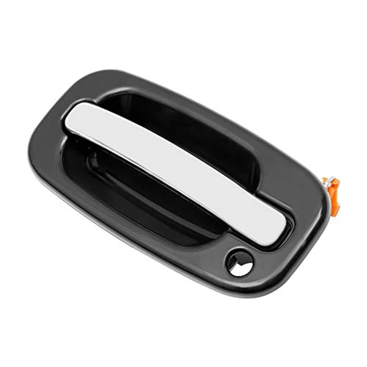 Exterior door handle lever with chrome oval insert and dark plastic housing