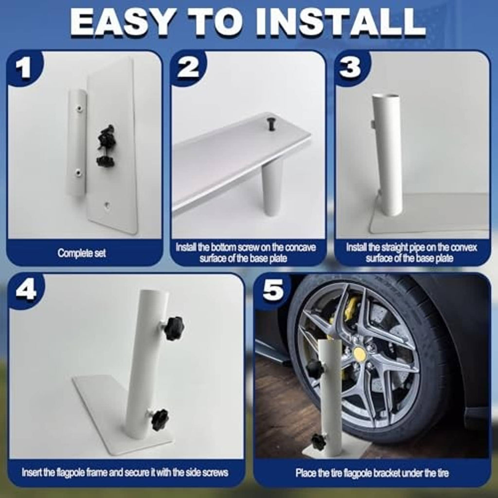 White flagpole tire mount installation kit with base plate, pole, and side screws
