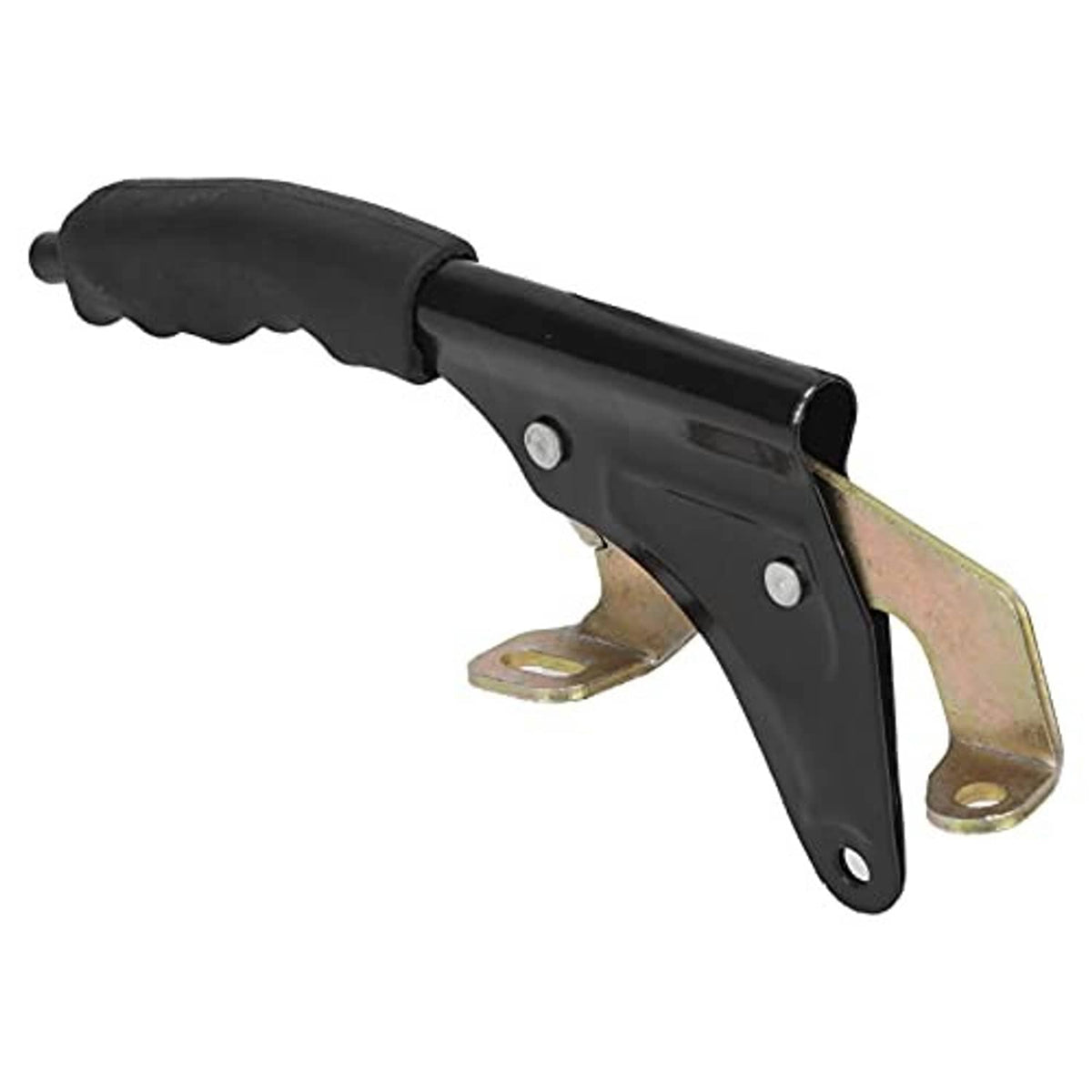 Parking brake lever with black rubber grip and U-shaped metal bracket mounts
