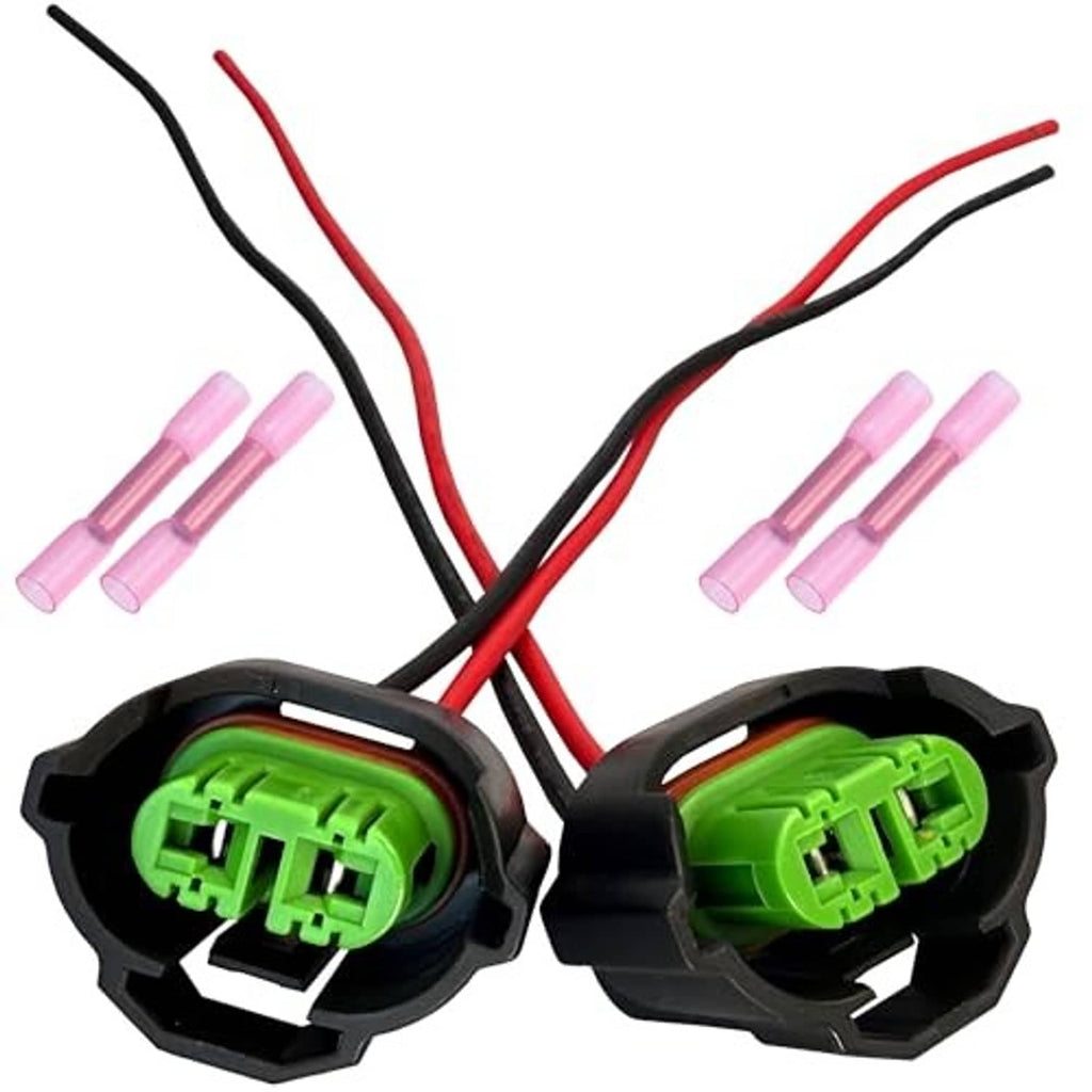 Fog light wiring harness adapter, two sockets with green inserts and red/black leads