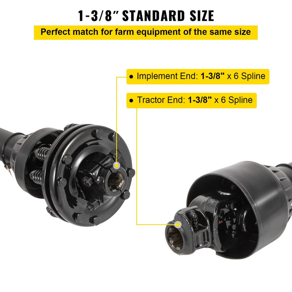 Black PTO drive shaft with 6-spline end caps and universal joint