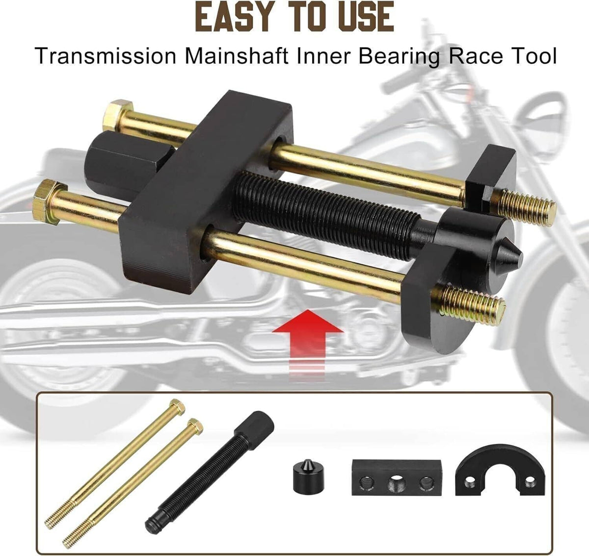 Bearing race puller tool with black U-shaped plate and long threaded adjustment rods