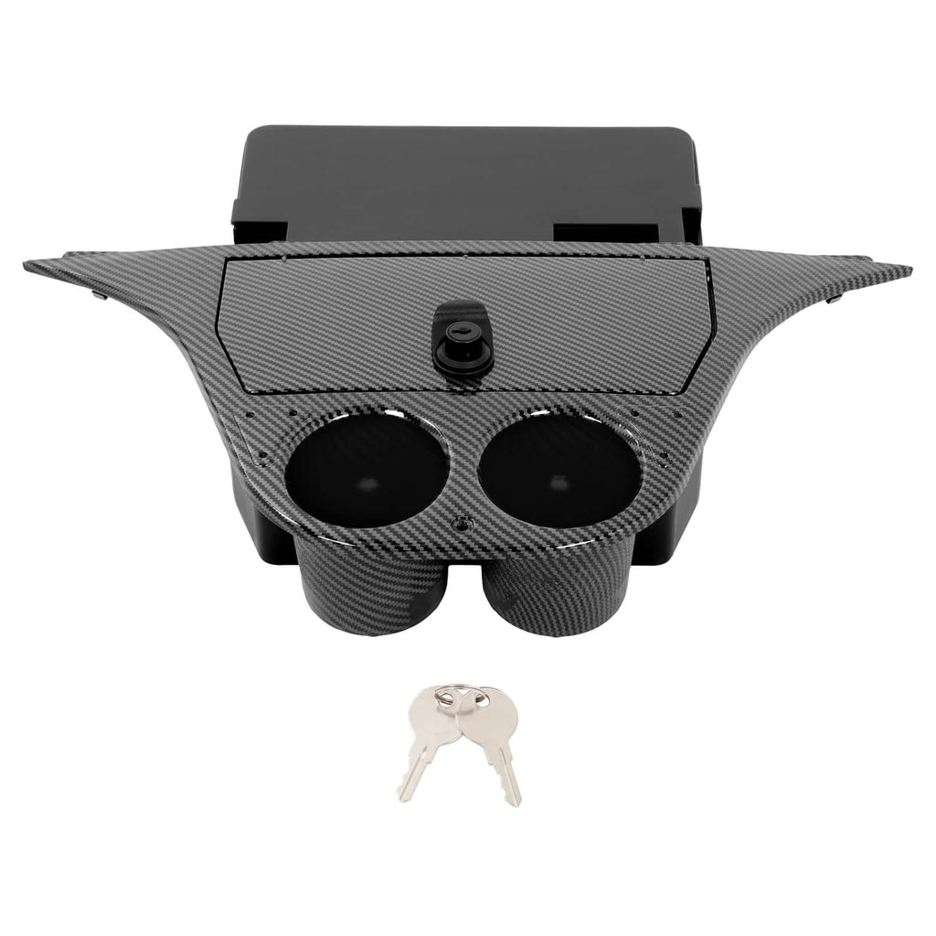 Carbon fiber-style dash compartment with rectangular panel, two cup holders, and key