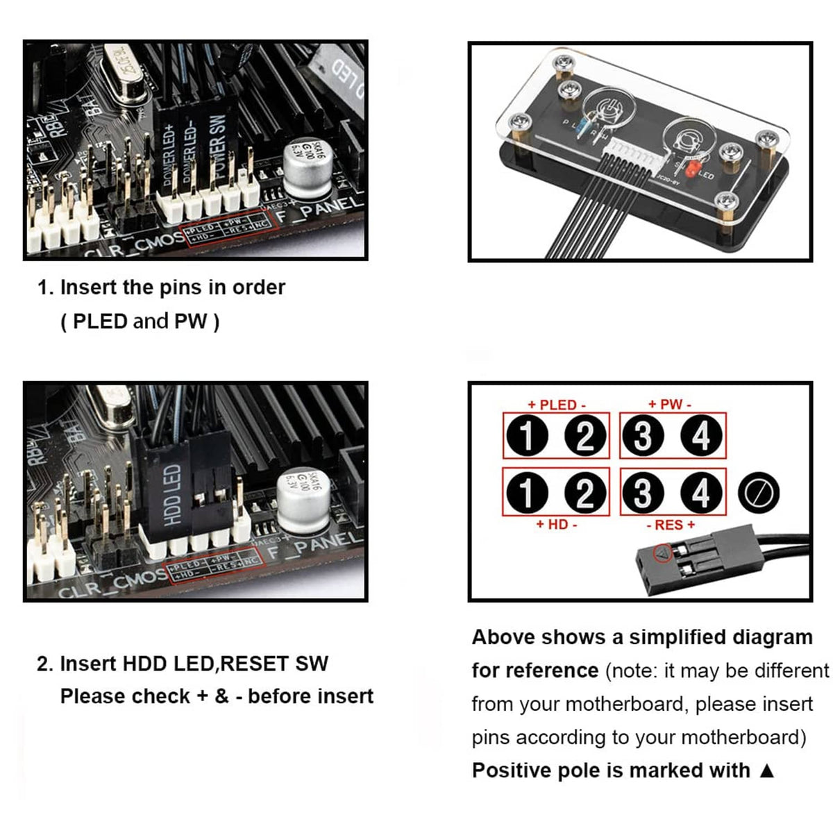 Installation guide showing front panel switch pin order and connector wiring diagram.