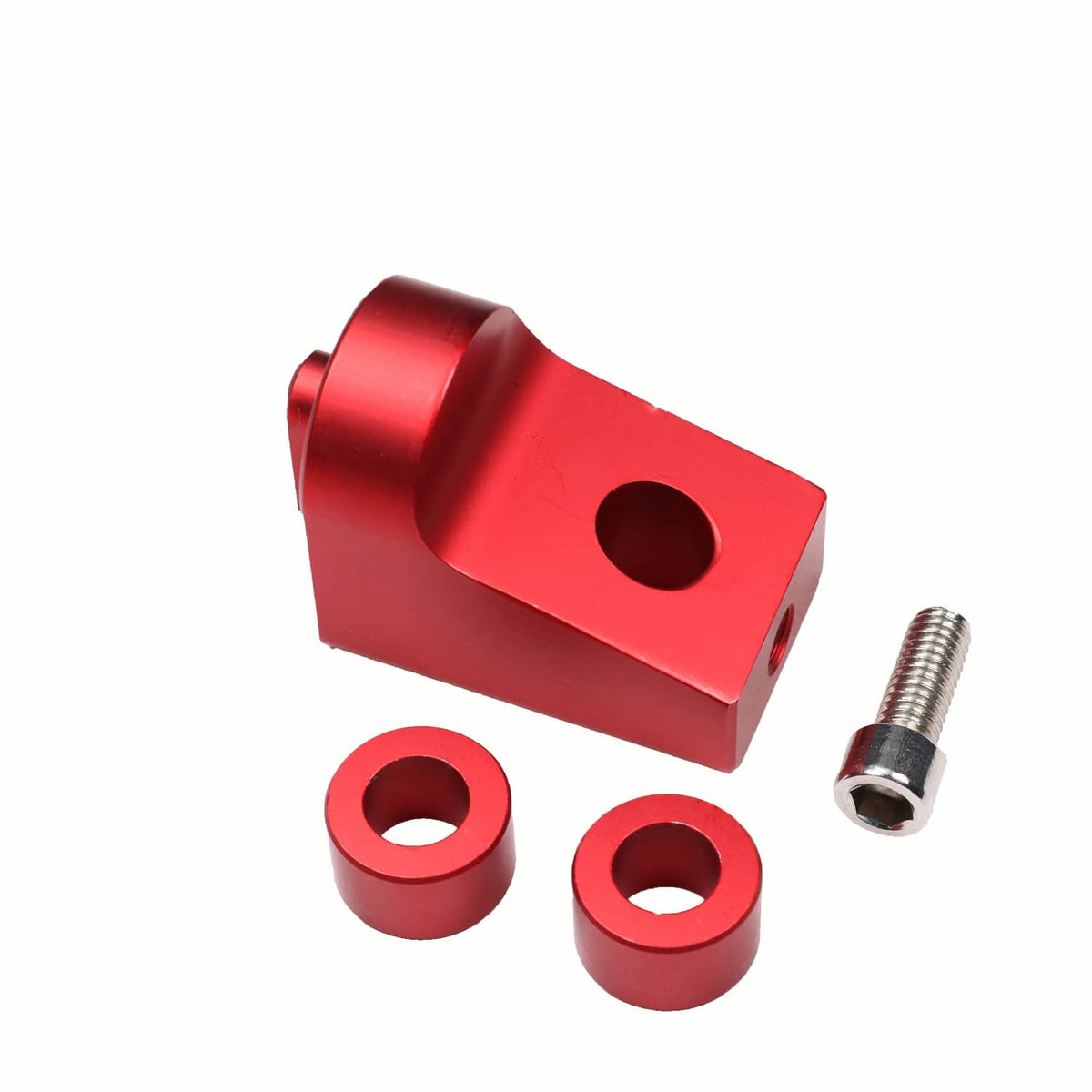 Red aluminum throttle cable carb bracket with mounting bolt and two red bushings