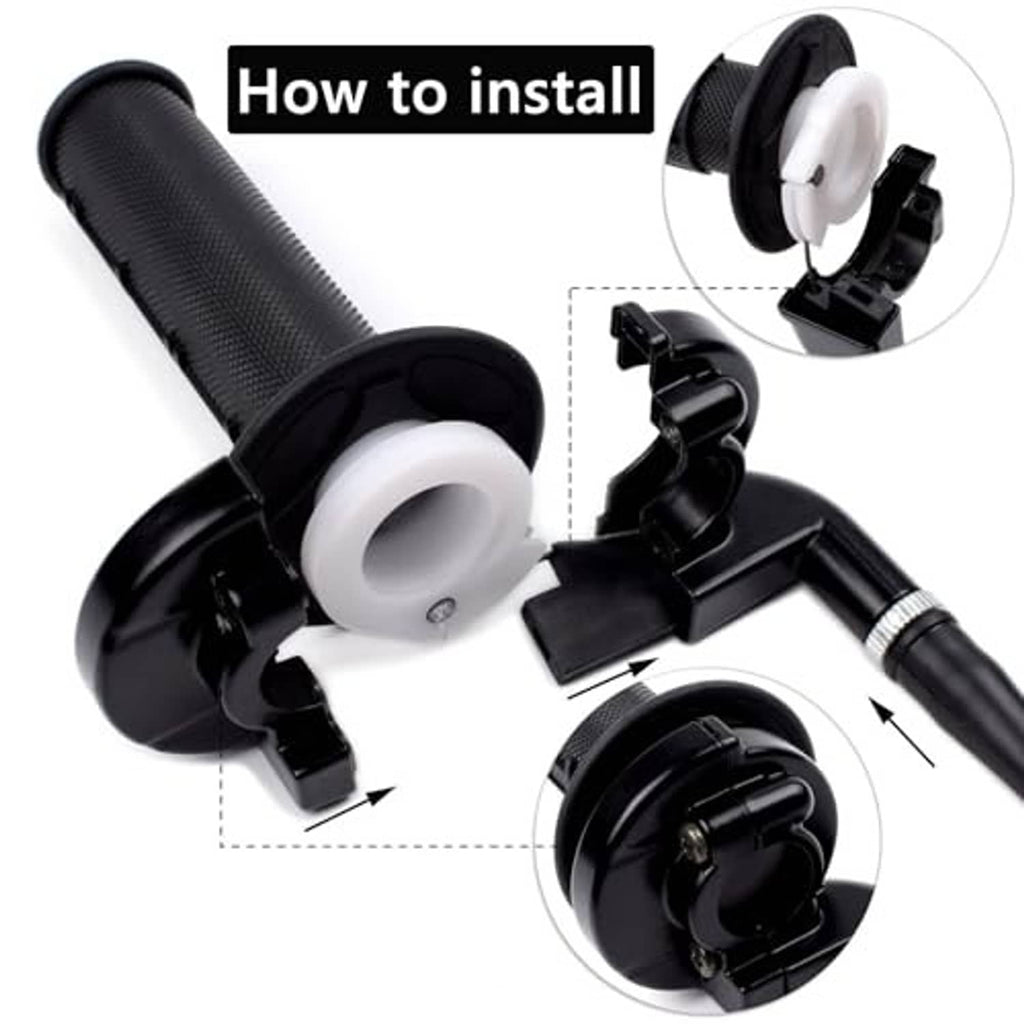 Black throttle grips with mounting ring parts and on/off switch base for installation.