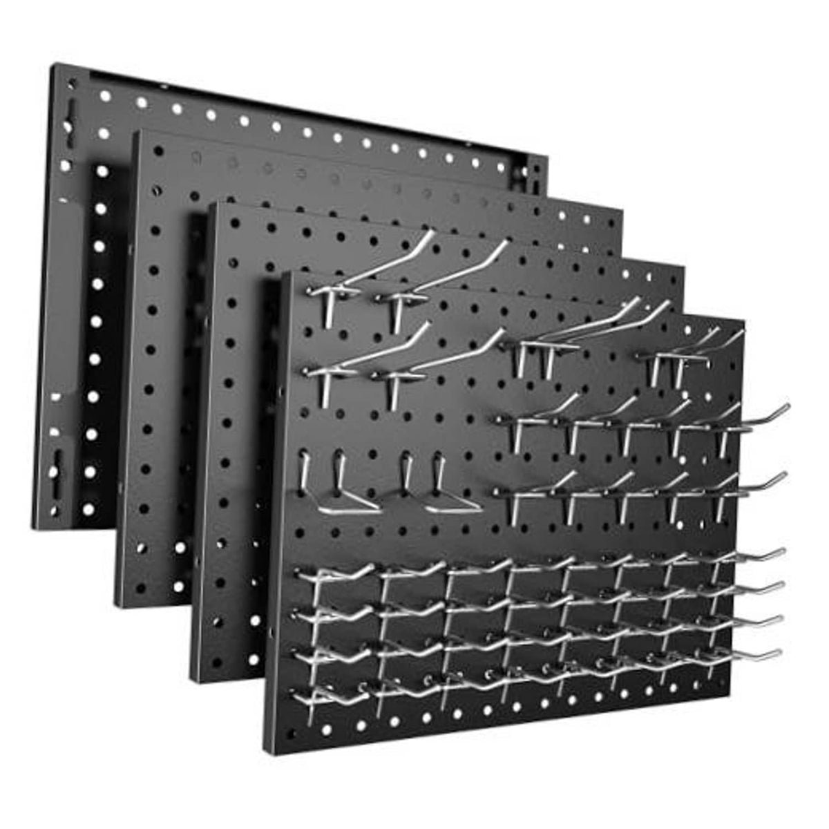 Black metal pegboard panels set with wall-mount hooks in a stacked display