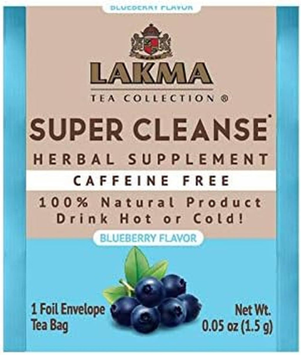 Lakma Super Cleanse herbal supplement tea bag, caffeine-free blueberry flavor, 1 foil envelope