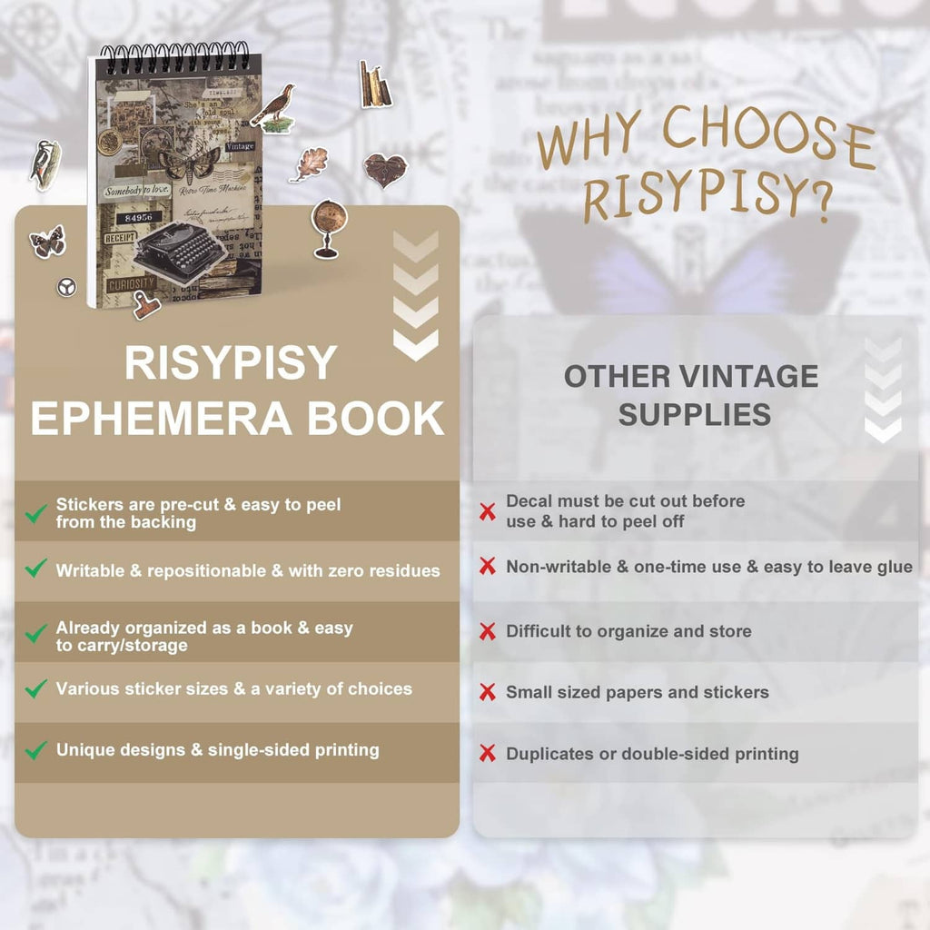 RISYPISY vintage ephemera book page showing pre-cut, writable stickers and benefits list
