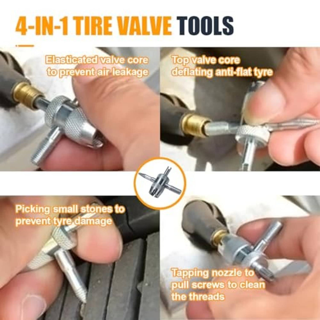 Four-in-one tire valve tool set with metal core tool and nozzle tips