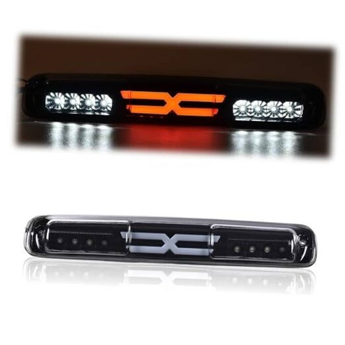 LED third brake light assembly with smoke lens and illuminated red X-bar center