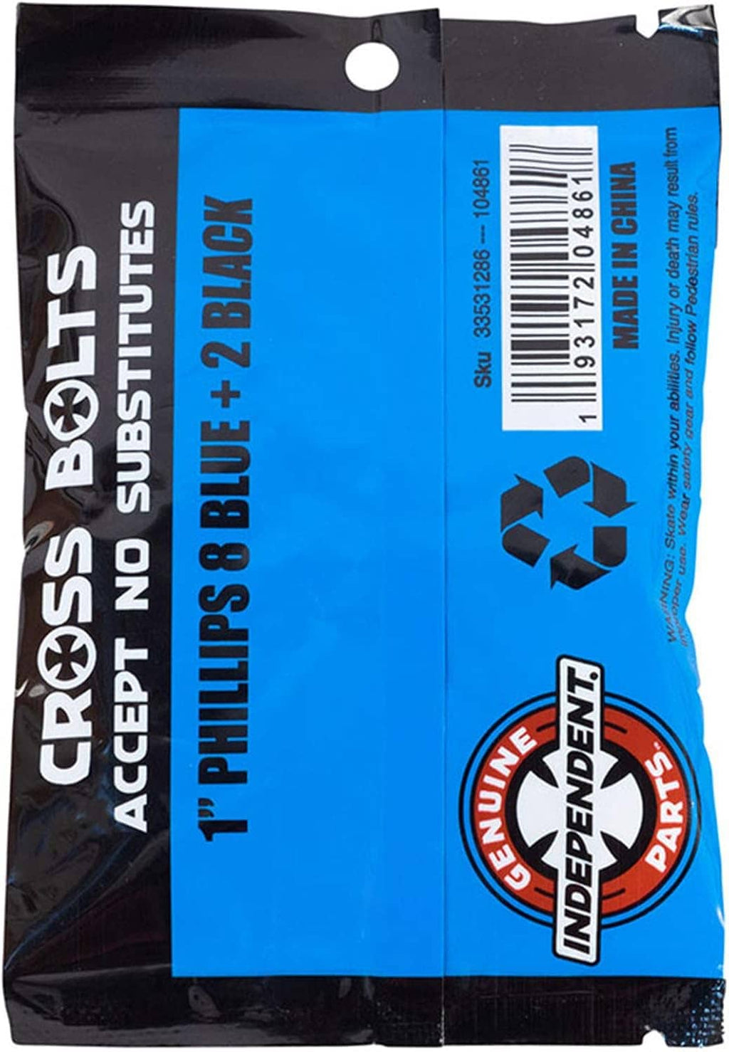 Sealed parts bag labeled with blue + black Phillips bolts and hex nuts, Independent mark