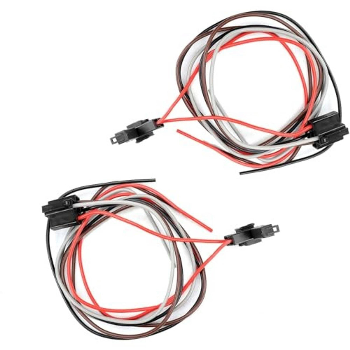 Dual fan relay wiring harness with two black connector blocks and red/black cable leads