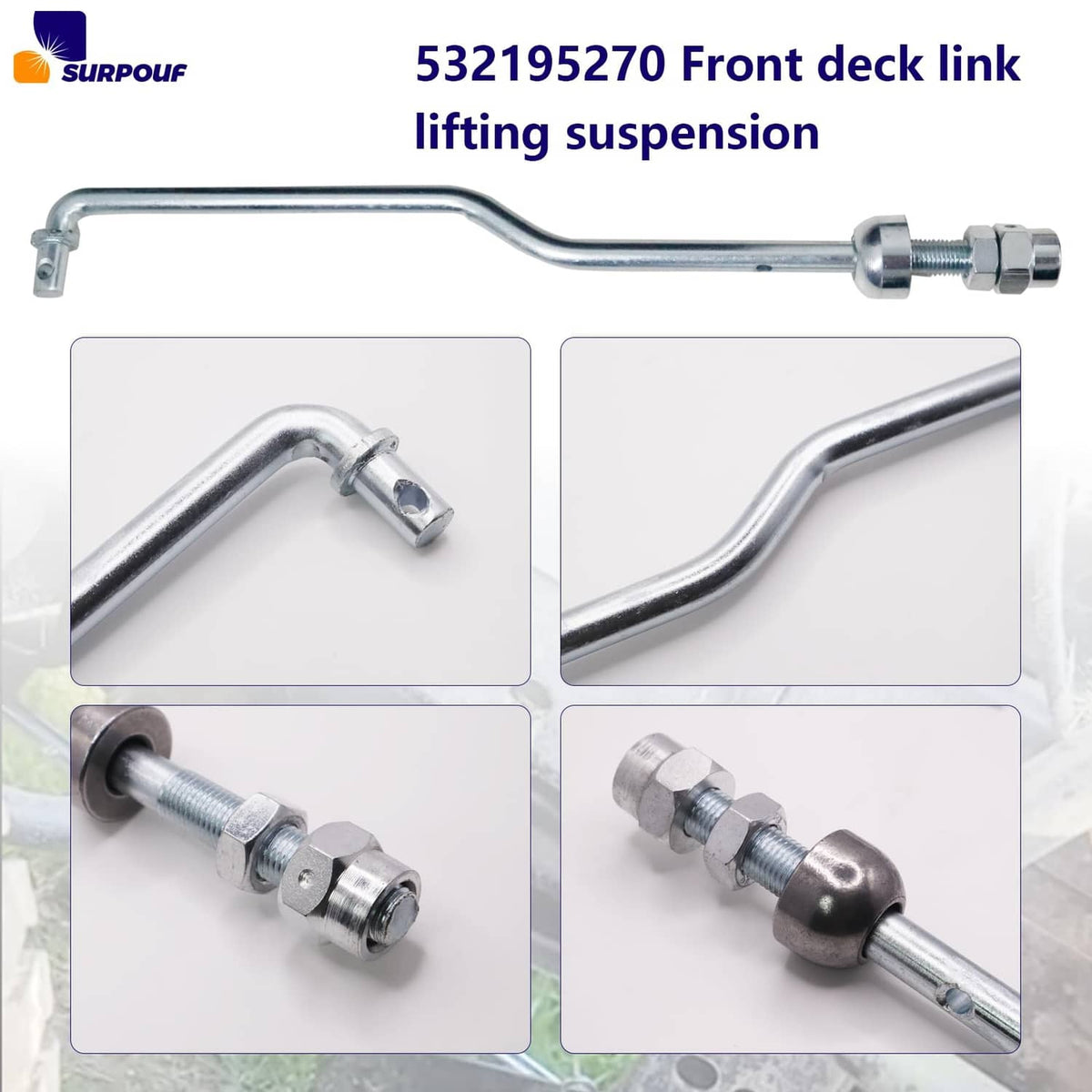 Front deck lift link hardware set with mounting bolt, washers, and connector pin