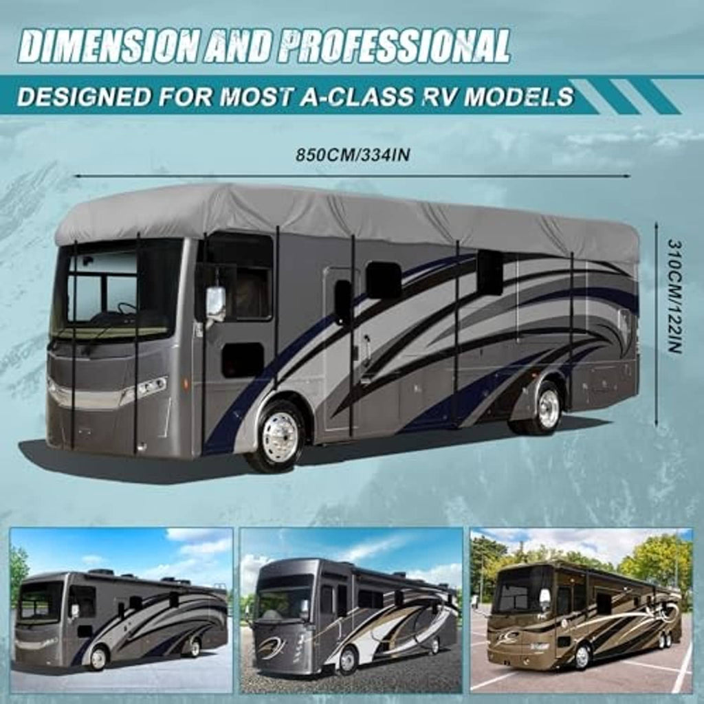 RV roof protection cover on motorhome, gray fabric with blue curved stripe pattern