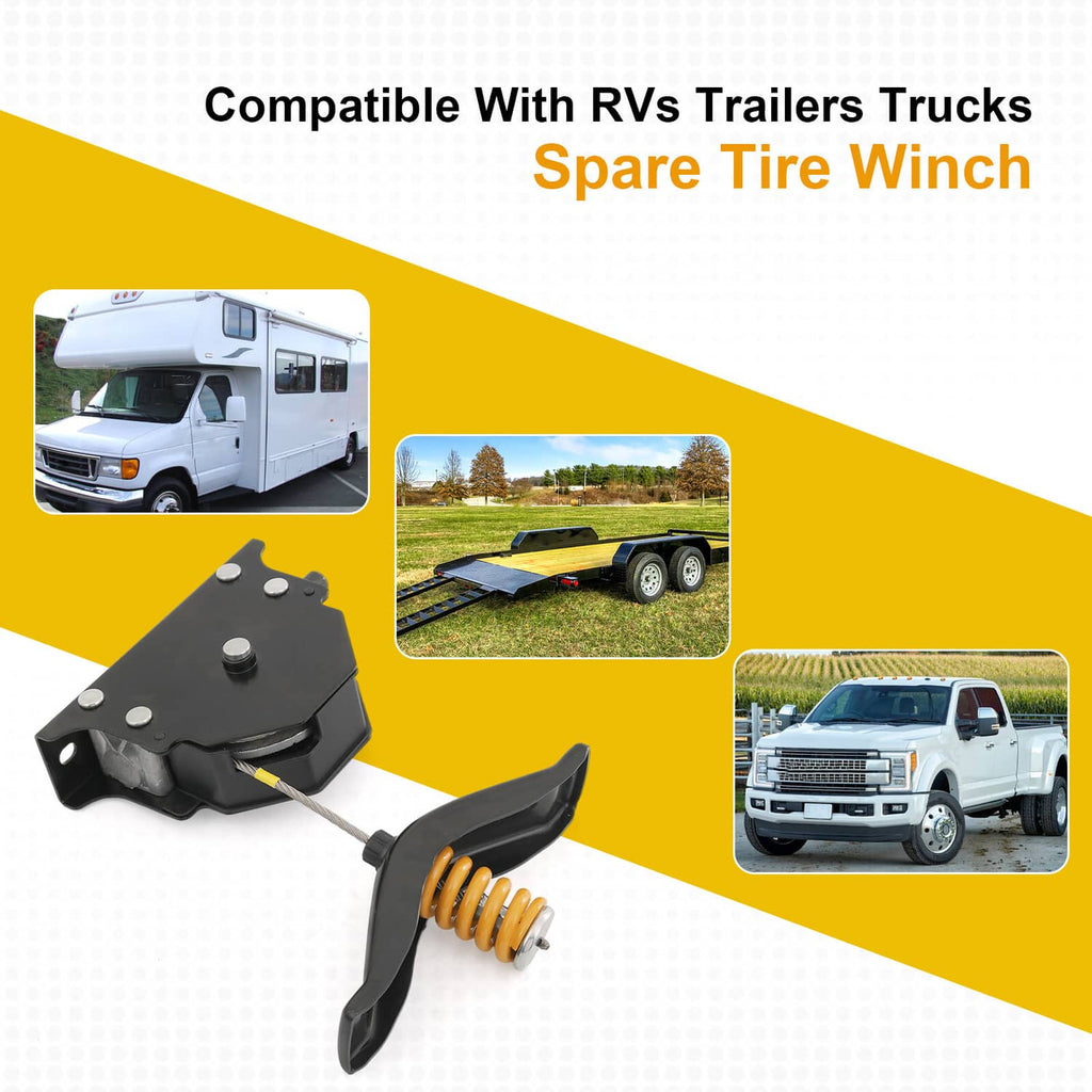Spare tire winch graphic showing black body and orange coil spring lever