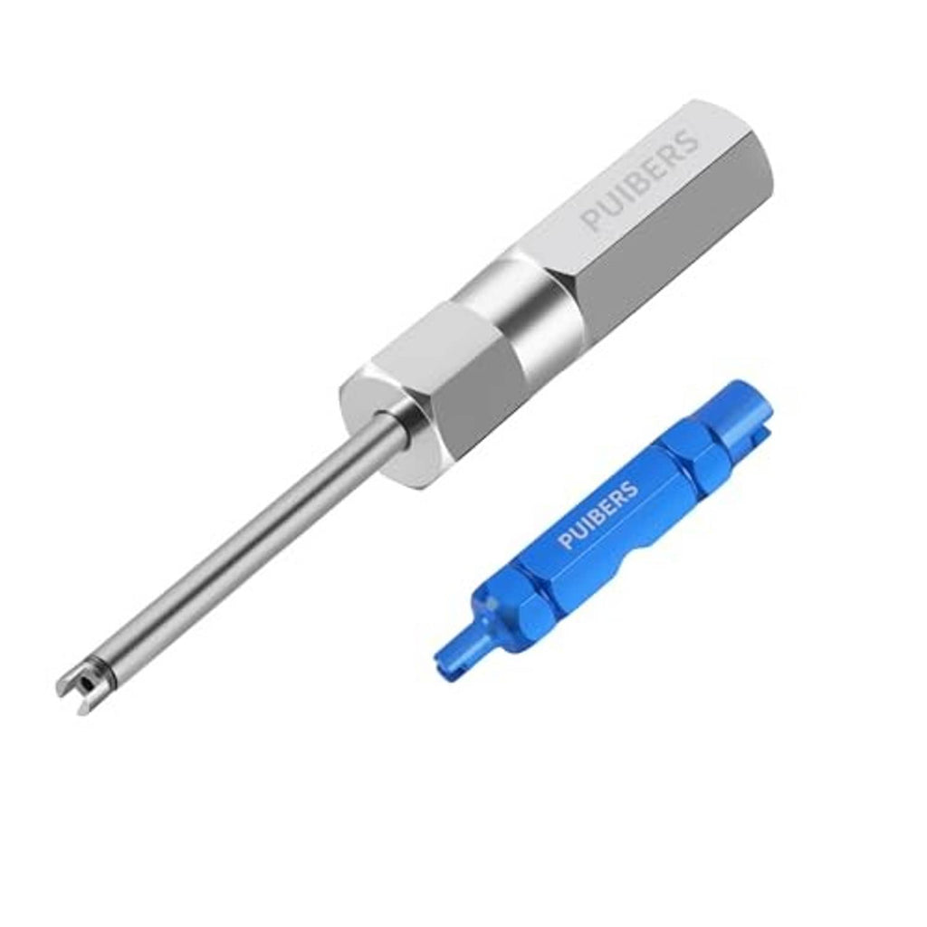 Tire valve core removal tool with silver handle and blue Presta core remover