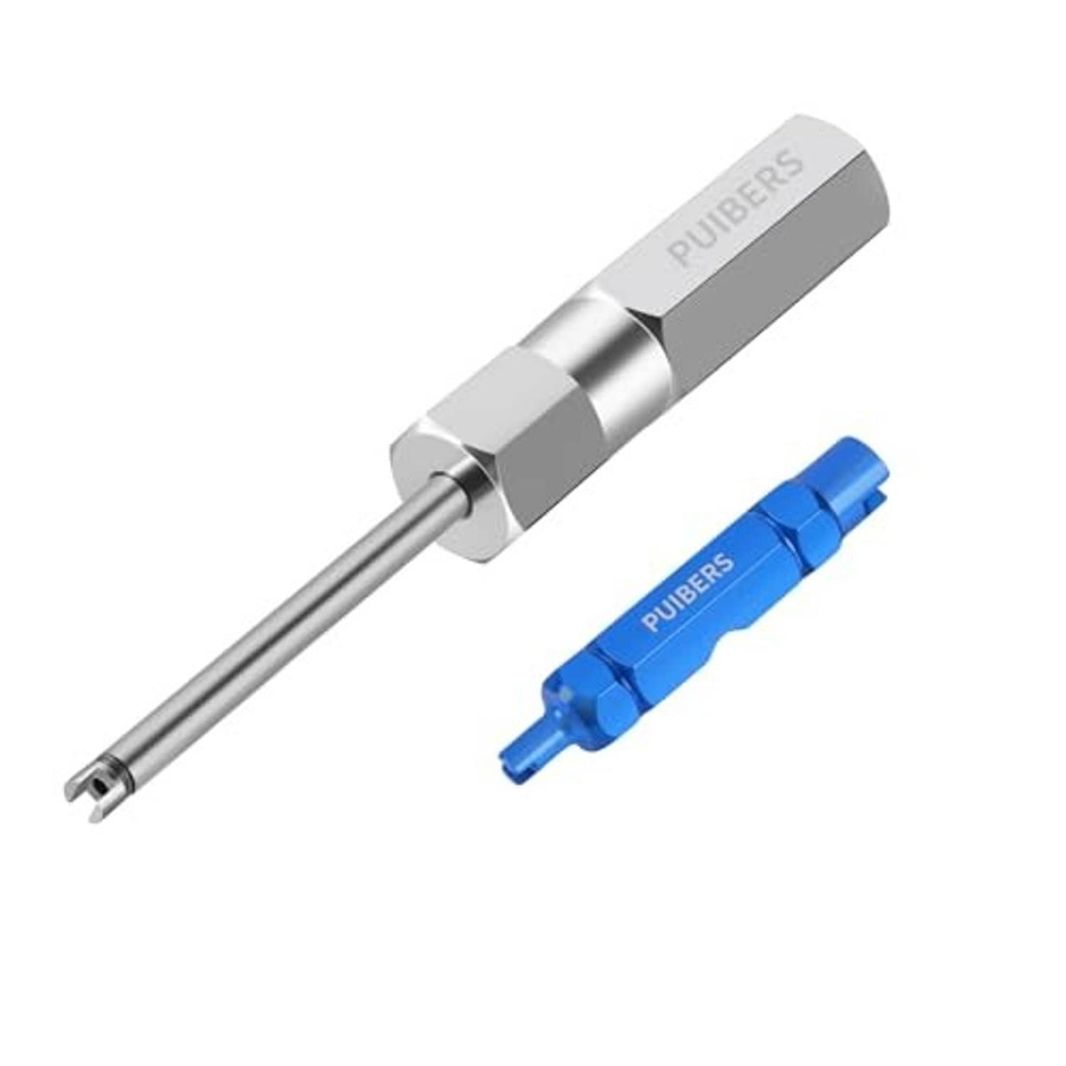 Tire valve core removal tool with silver handle and blue Presta core remover