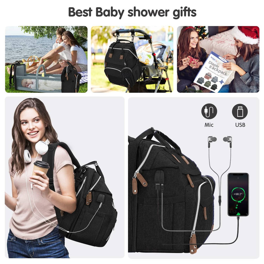 Black diaper bag backpack with adjustable straps and front storage pockets
