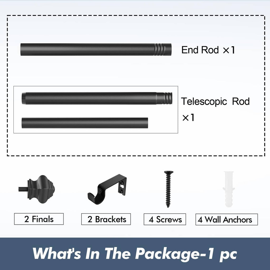 Matte black curtain rod kit: end rod, telescopic rod, brackets, screws, anchors