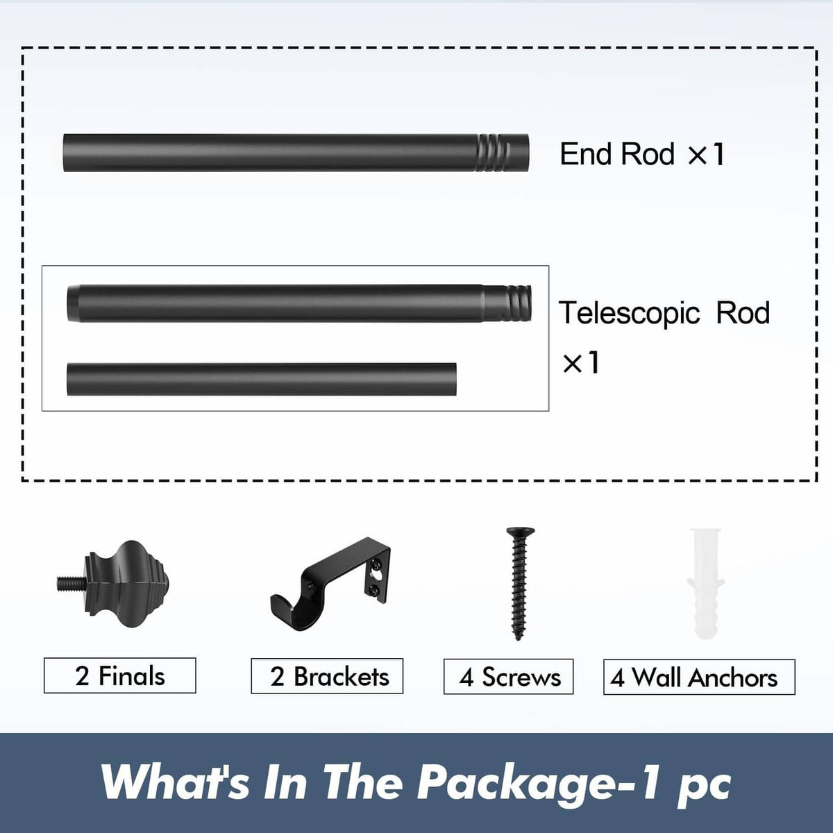 Matte black curtain rod kit: end rod, telescopic rod, brackets, screws, anchors