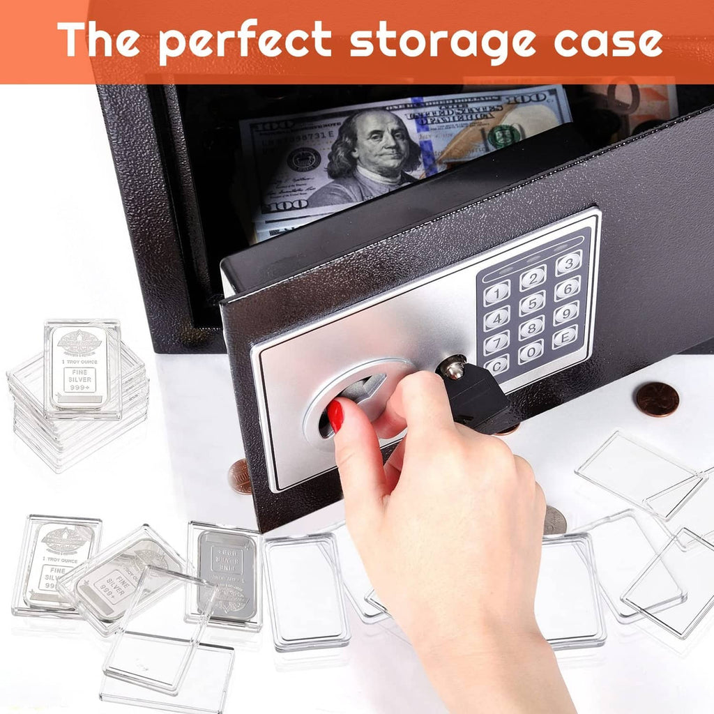 Clear acrylic silver bar holders inside a storage case with keypad control